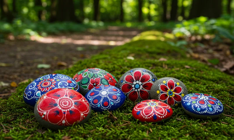 Malede sten med folkemønstre på en mosbegroet sti i Łazienki Park, Warszawa, Polen