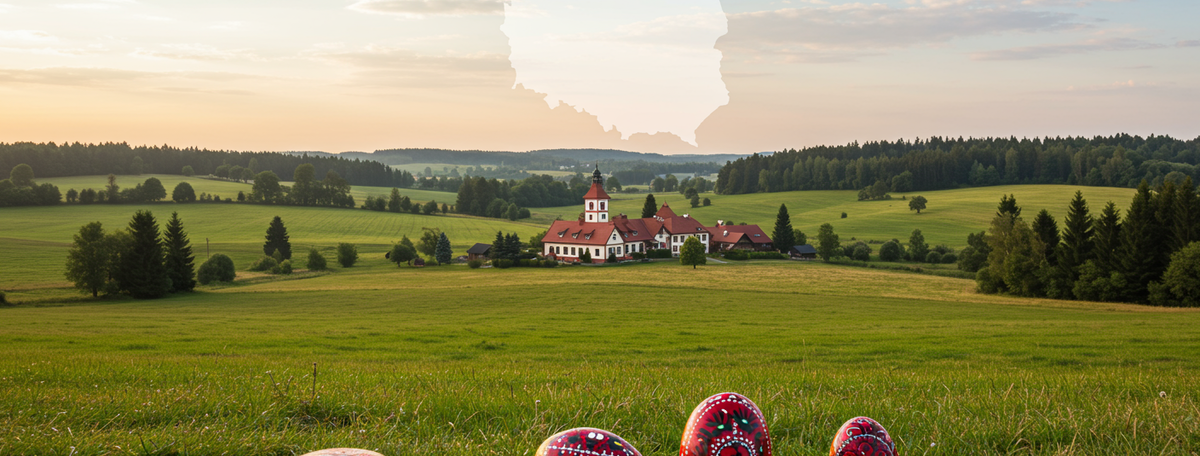 Polish countryside with rolling green fields, pine forests and painted decorative pebbles