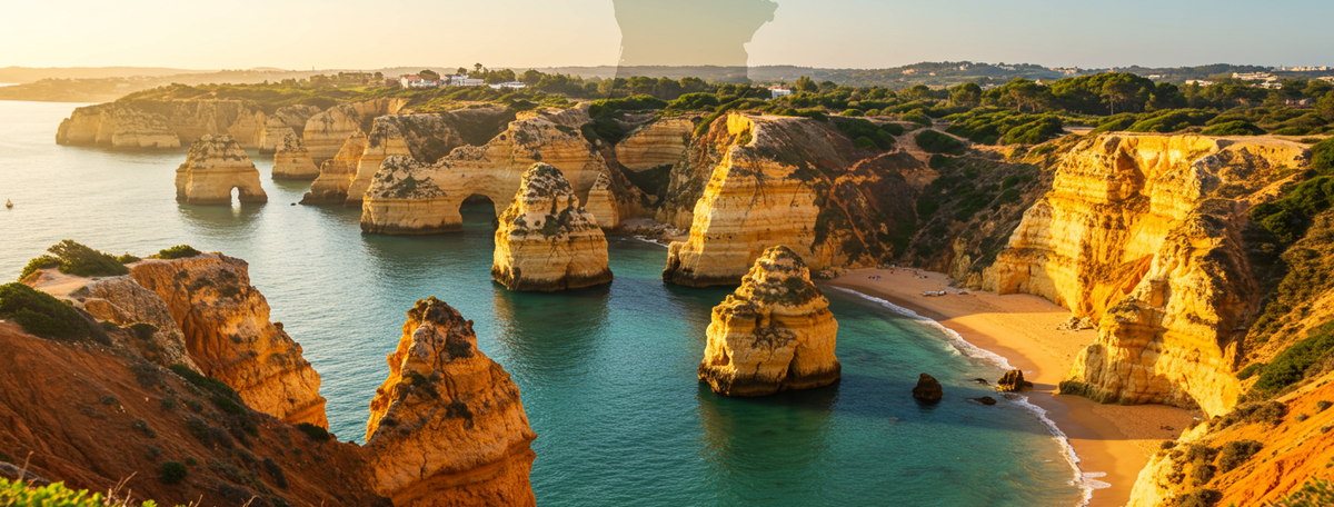 Dramatic Algarve limestone sea cliffs above turquoise Atlantic waters with painted decorative pebbles