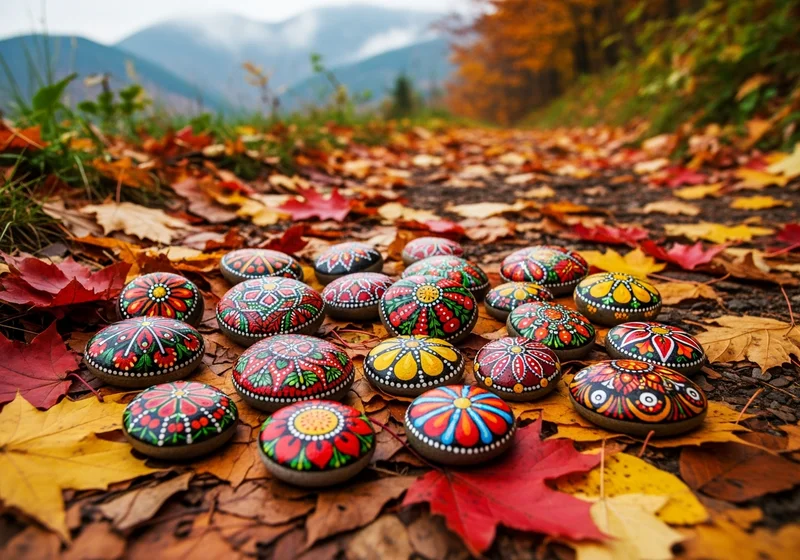 Hand-painted pietre pictate resting on a path in a city park in Bucharest, Romania