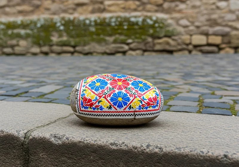 Colourful painted stones arranged on a wooden bench in Cluj-Napoca, Romania