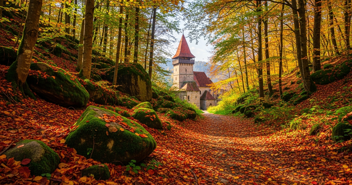 Romanian Carpathian mountain monastery with painted exterior frescoes and decorative pebbles