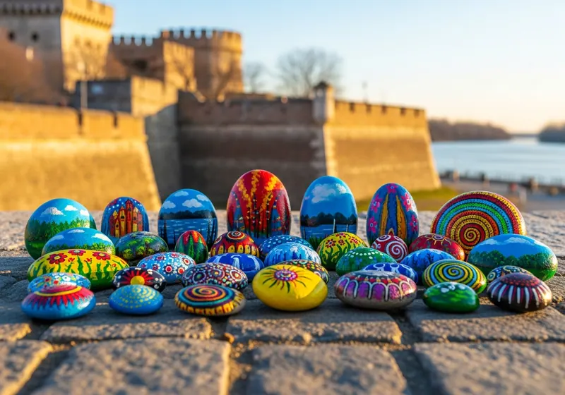 Colourful painted stones arranged on a bench in Belgrade, Serbia