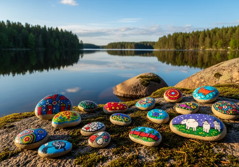 Hand-painted målade stenar resting on a path in a city park in Stockholm, Sweden