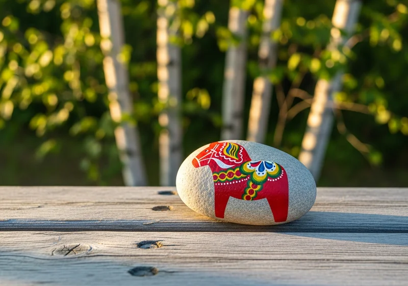 Colourful painted stones arranged on a wooden bench in Gothenburg, Sweden
