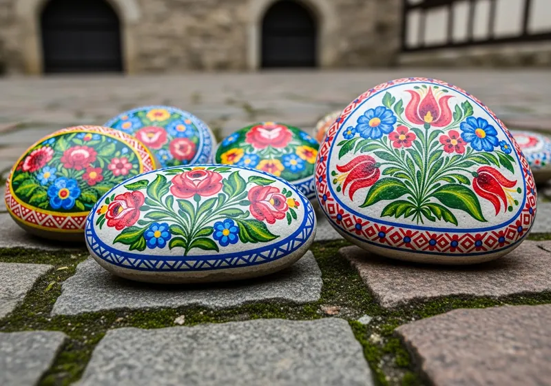 Hand-painted maľované kamene resting on a path in Košice, Slovakia
