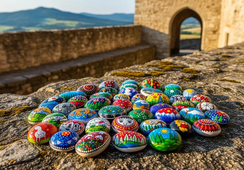 Colourful painted stones arranged on a bench in Bratislava, Slovakia