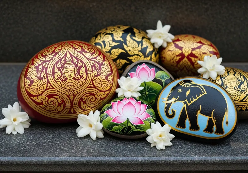 Hand-painted หินวาดภาพ resting on a path in Chiang Mai, Thailand