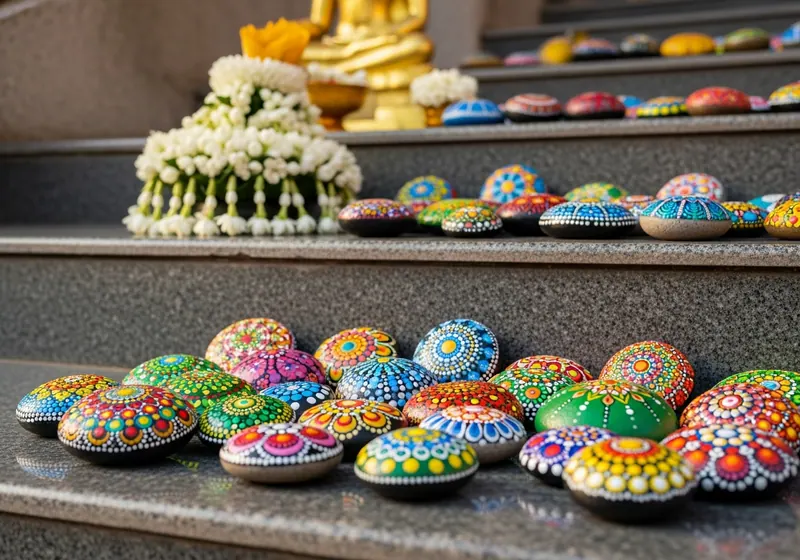 Colourful painted stones arranged on a bench in Bangkok, Thailand