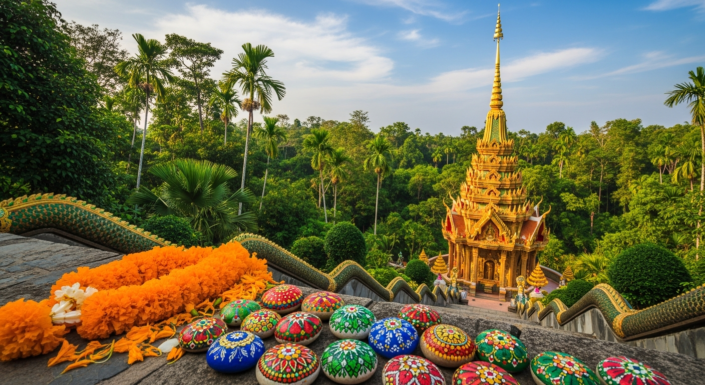 Thai ornate golden Buddhist temple spire rising above tropical jungle with bright orange marigold offerings, painted decorative pebbles on temple stone steps