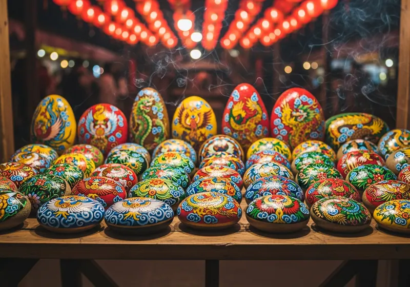 Colourful painted stones arranged on a bench in Taipei, Taiwan