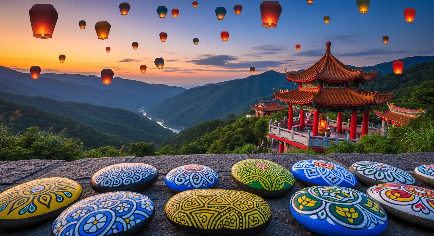 Taiwanese sky lanterns floating over a lush green mountain valley with traditional red pavilion, painted decorative pebbles on a stone temple path
