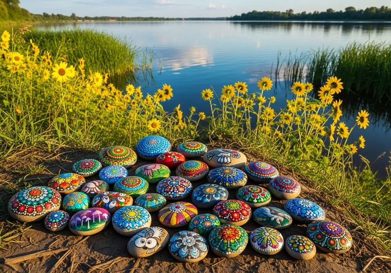 Hand-painted розмальовані камені resting on a path in a city park in Kyiv, Ukraine