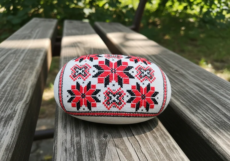 Colourful painted stones arranged on a wooden bench in Lviv, Ukraine