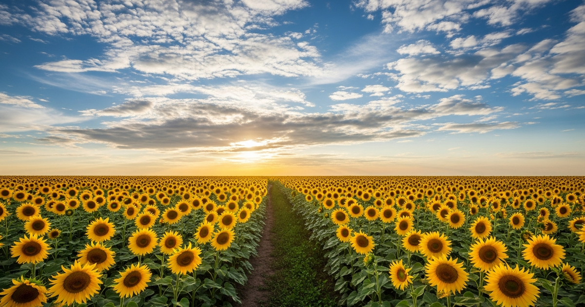 Ukrainian sunflower field under a wide blue sky with traditional embroidery patterns and painted decorative pebbles