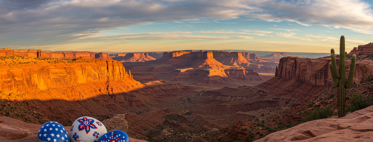 American Southwest canyon landscape with warm sandstone mesas and painted decorative pebbles