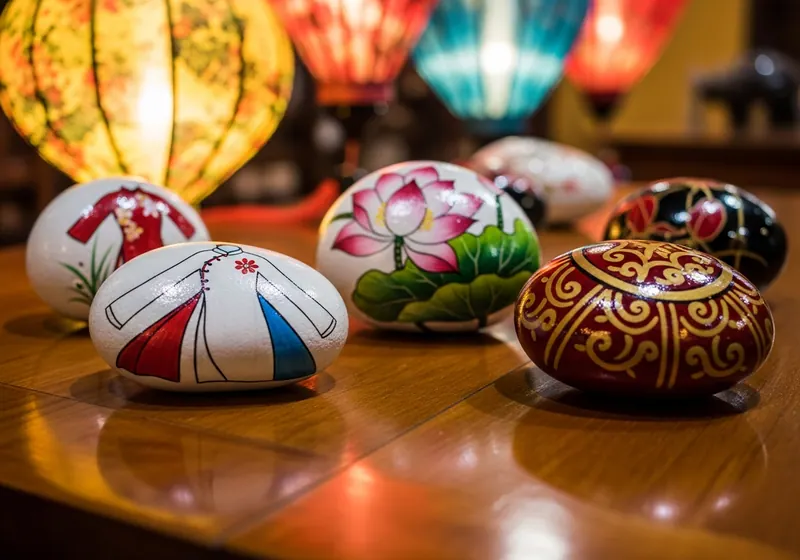 Hand-painted đá vẽ resting on a path in Hoi An, Vietnam