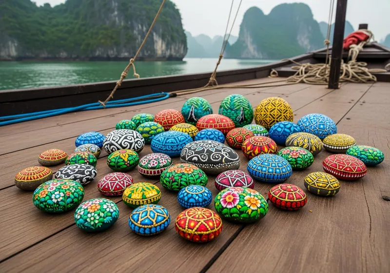 Colourful painted stones arranged on a bench in Hanoi, Vietnam