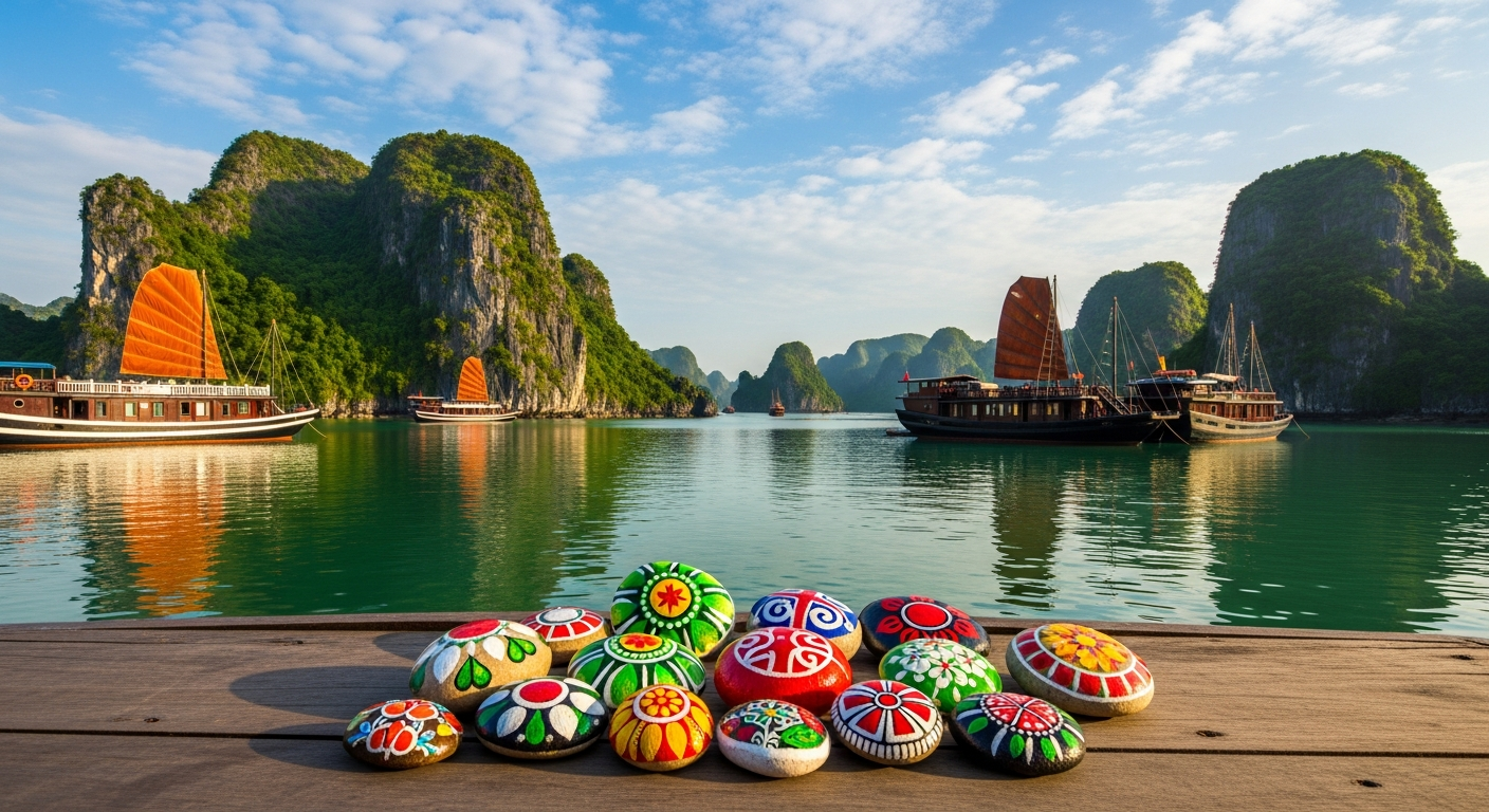 Vietnamese Ha Long Bay with iconic limestone karst islands rising from jade-green water and traditional fishing boats, painted decorative pebbles on a boat deck