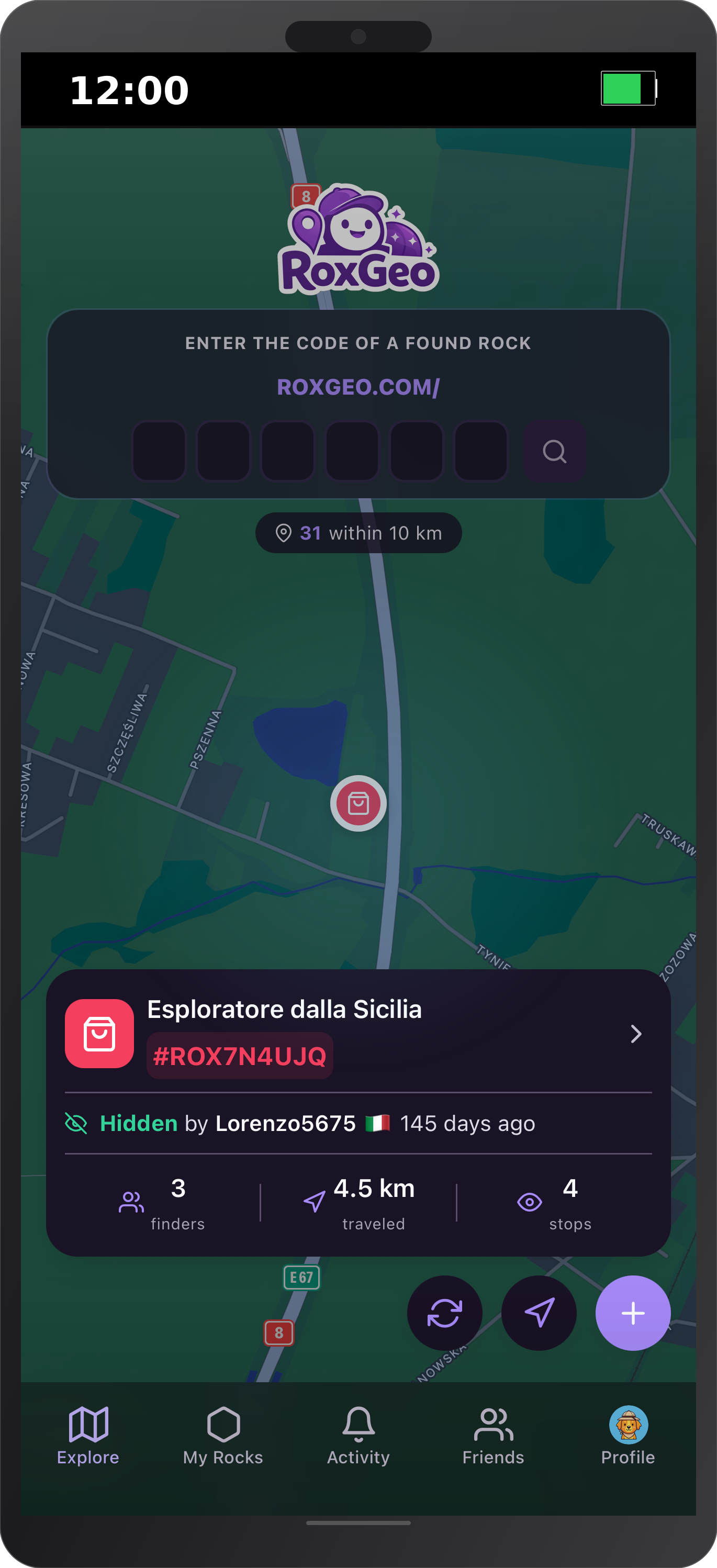 iPhone showing RoxGeo dark map view