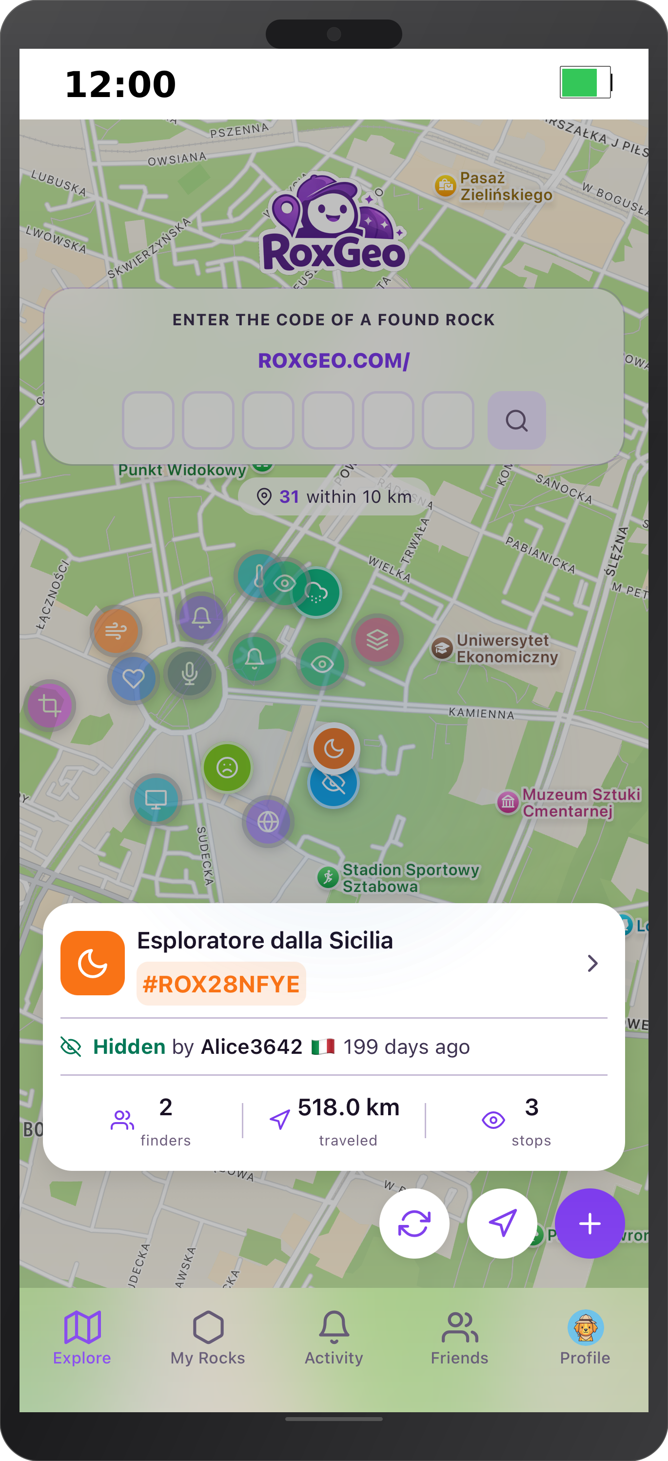 iPhone showing live rock map with painted rocks nearby