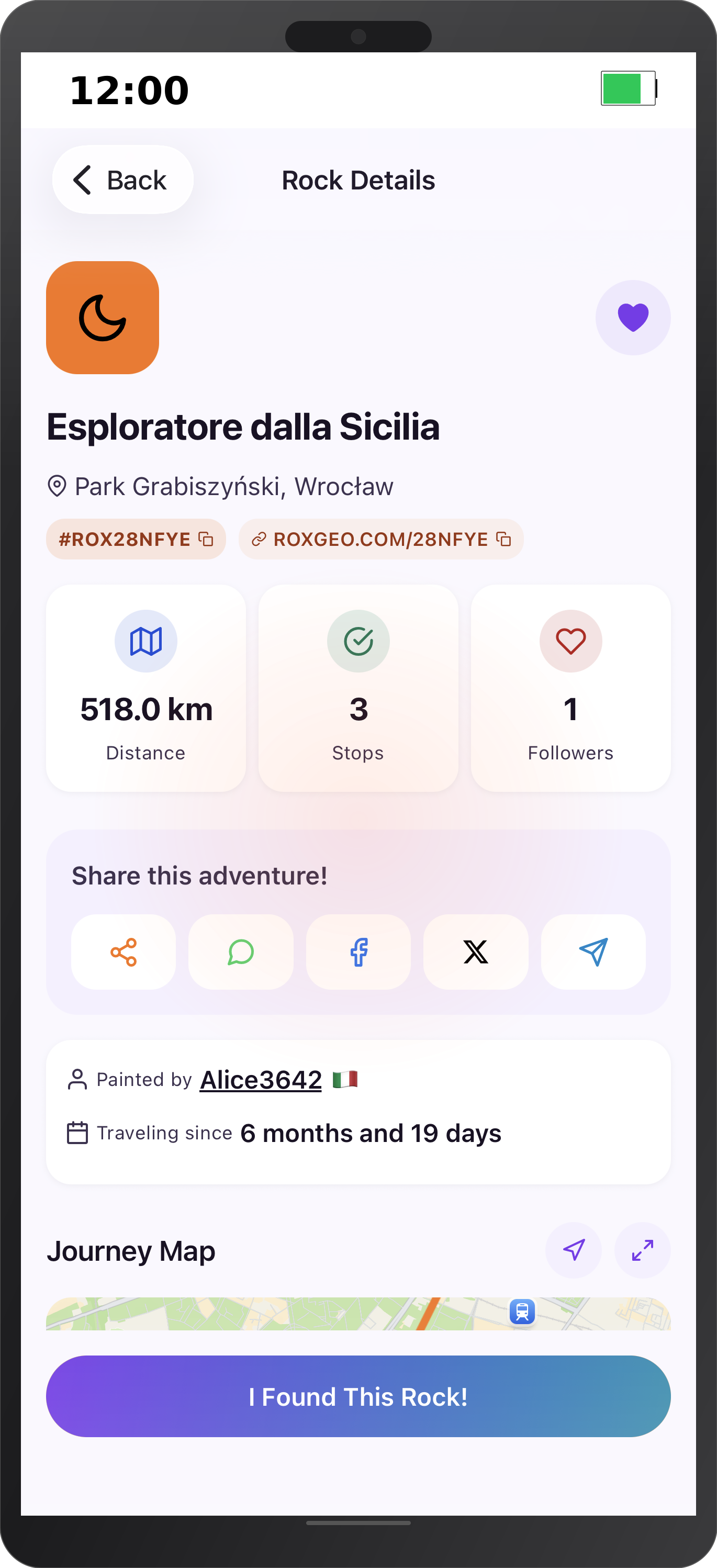 iPhone showing rock detail page with 518km journey