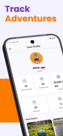Track adventures — user profile with rocks found and distance