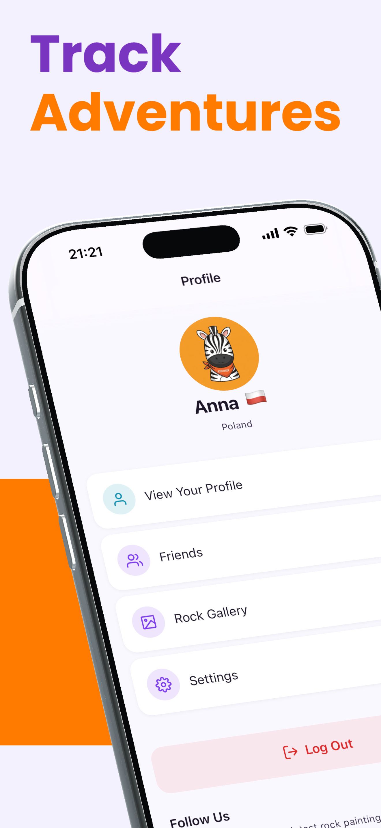 Track adventures — user profile with rocks found and distance