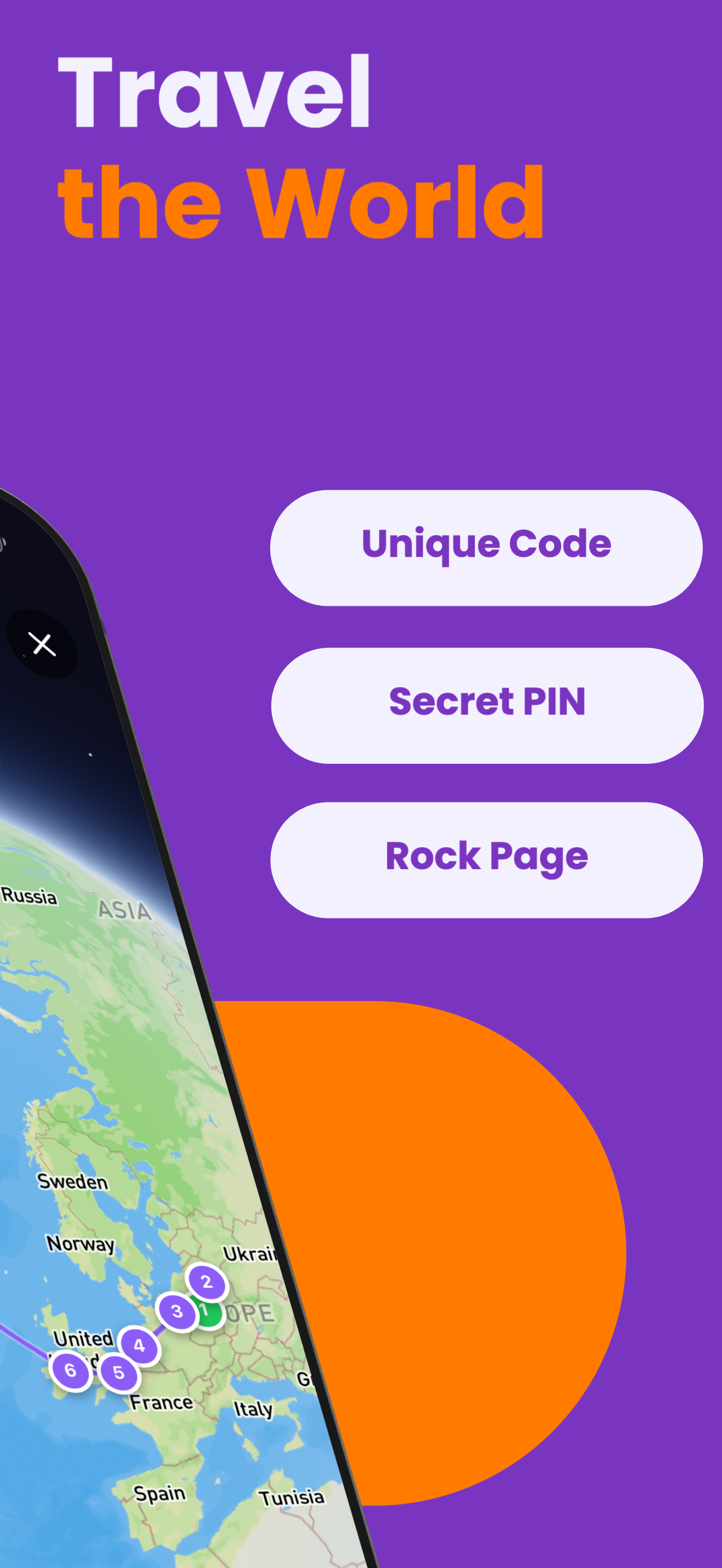 Travel the world — unique code, secret PIN and rock page