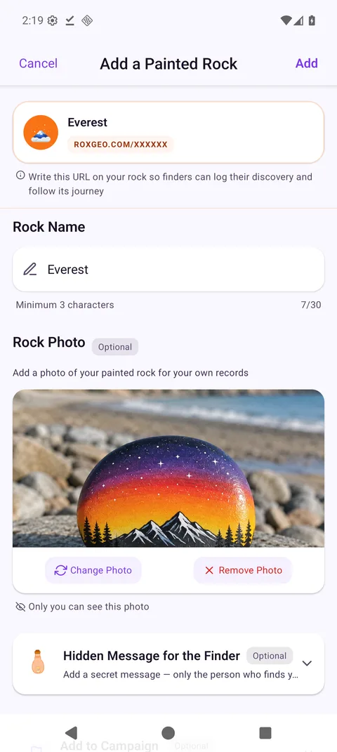 RoxGeo add a rock screen showing a painted rock being registered with its photo, name and hidden message