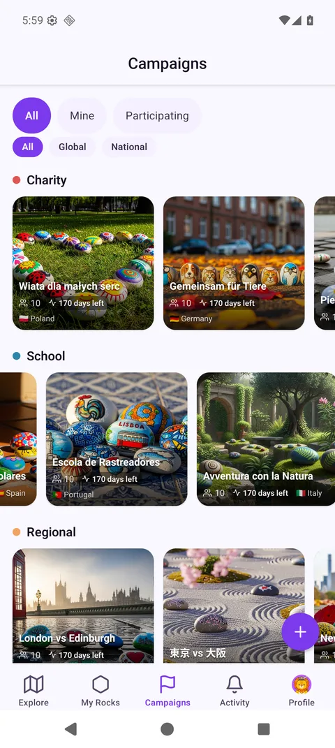 RoxGeo campaigns screen showing charity, school and regional community campaigns with painted rocks