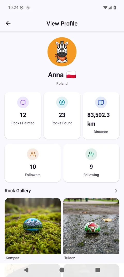 RoxGeo user profile screen showing stats: rocks painted, found, distance traveled, followers and following