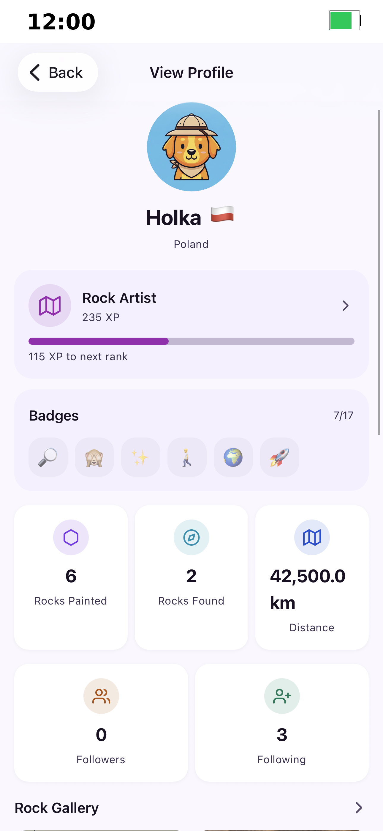 User profile with badges and stats