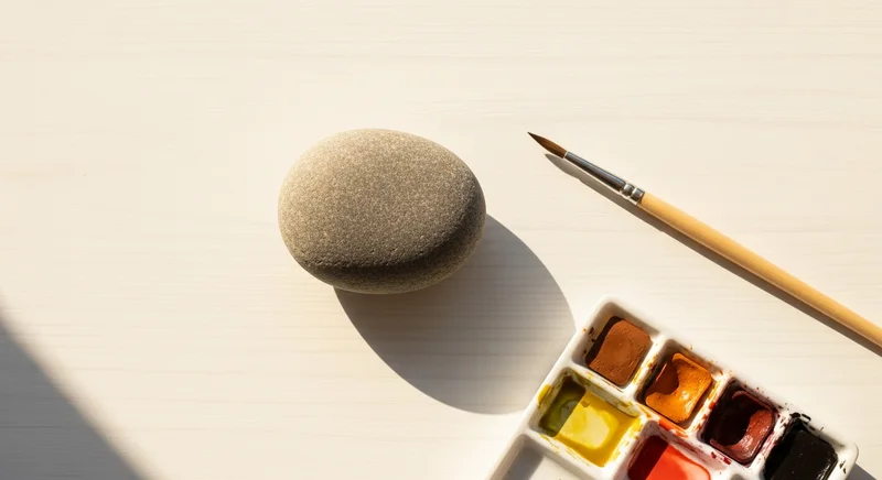Ein glatter Flussstein auf einer weißen Holzoberfläche neben einem feinen Aquarellpinsel und einer Palette aus Naturfarben
