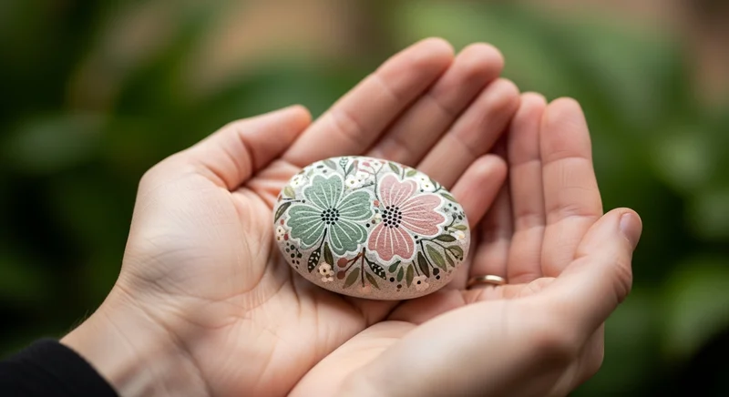 To åbne voksne hænder, der forsigtigt holder en enkelt håndmalet sten med et simpelt blomstermotiv, blødt bokeh baggrund af grønne planter