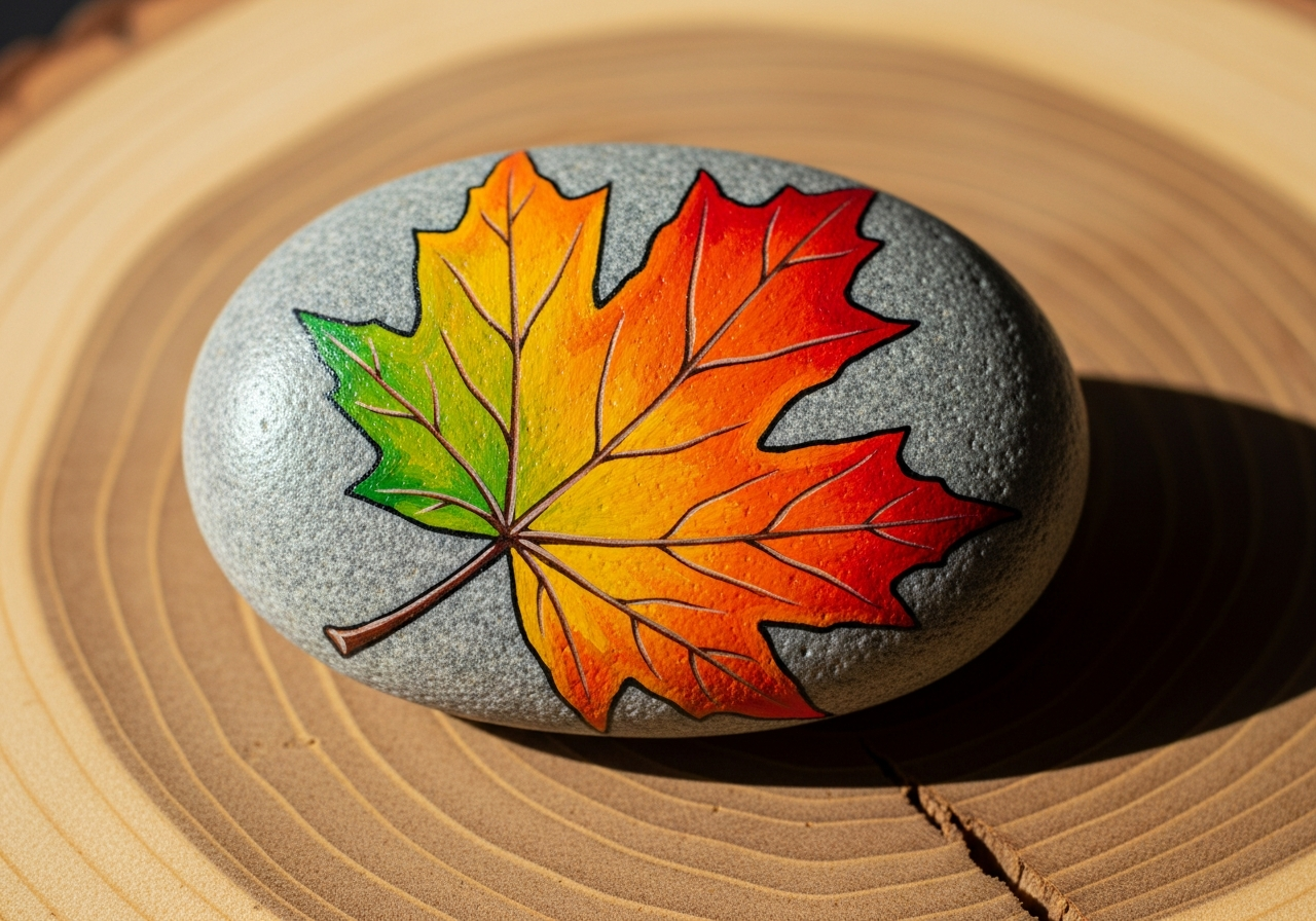 Autumn Leaf Rock Painting