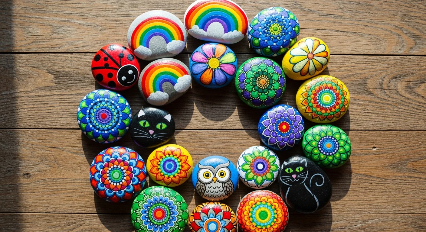 Collection of beautifully painted rocks with various designs including ladybug, rainbow, mandala, and owl